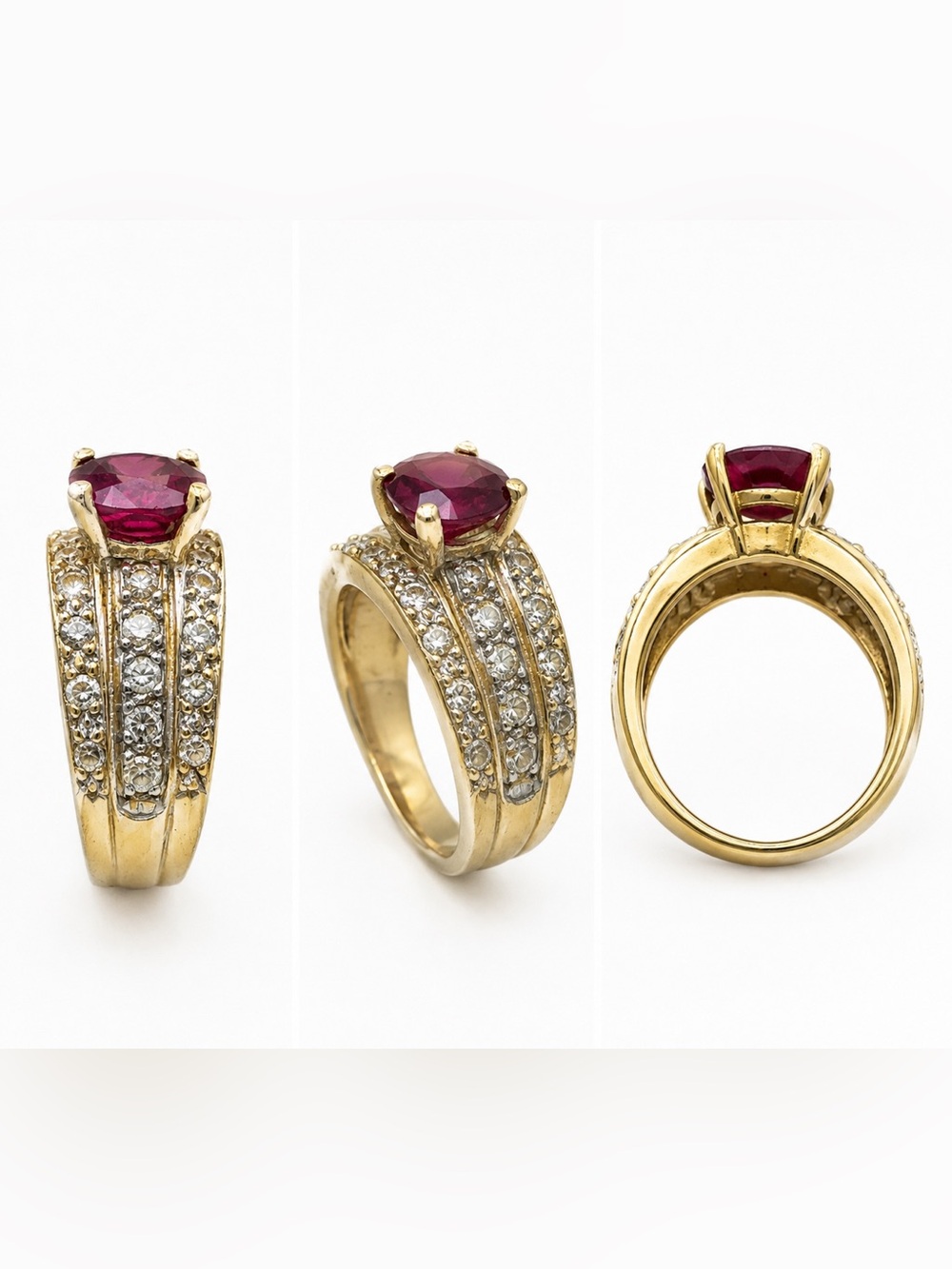 14K Gold Ruby Diamond Ring | Vintage Statement  Ring | Multi-Row Diamond.